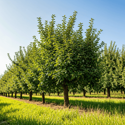 Rij appelbomen in een Haspengouwse boomgaard
